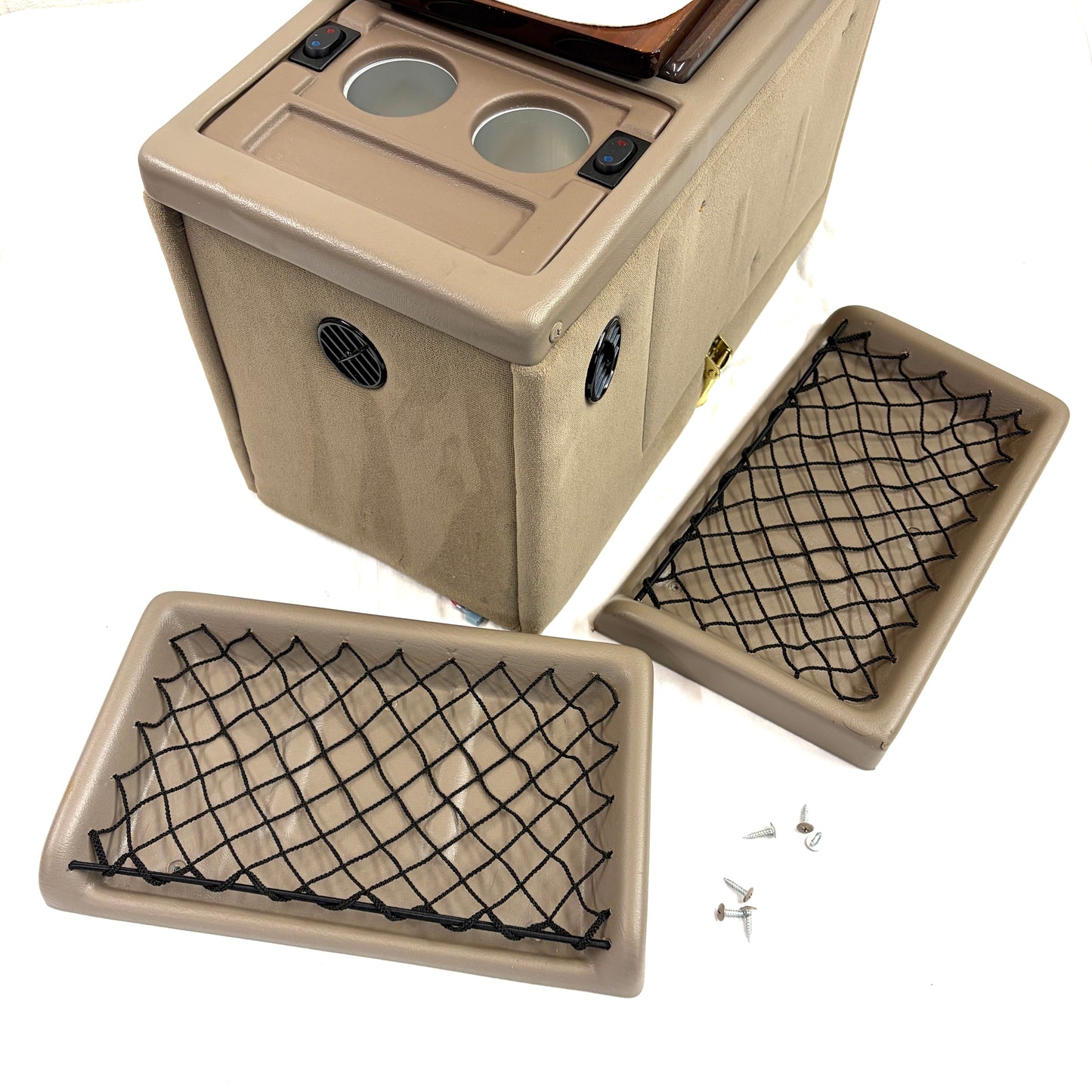 Explorer Van Company Center Console for Chevy Express - Cup Holders and Cooler - Beige Vinyl Woodgrain