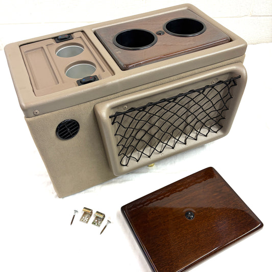 Explorer Van Company Center Console for Chevy Express - Cup Holders and Cooler - Beige Vinyl Woodgrain