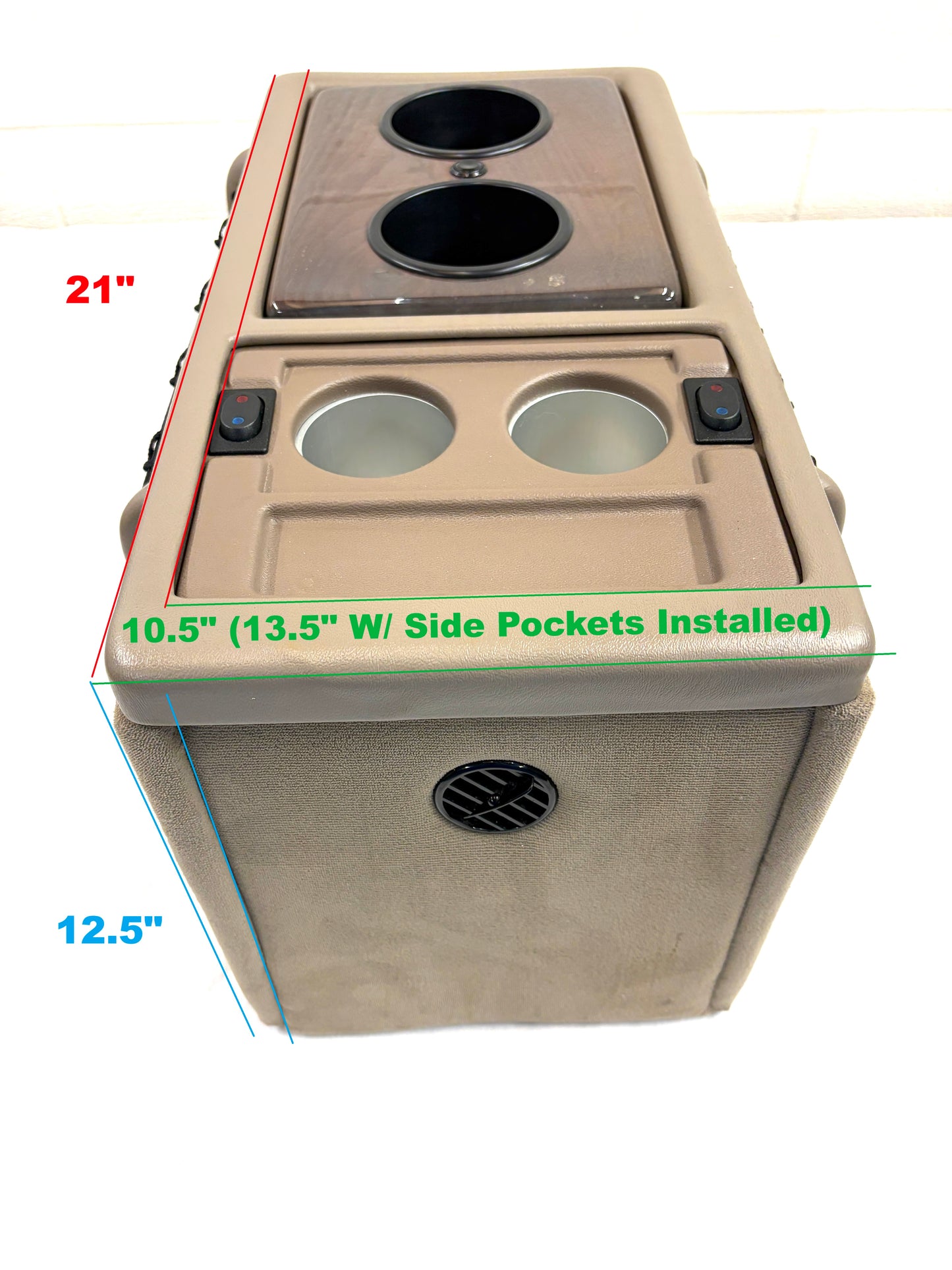 Explorer Van Company Center Console for Chevy Express - Cup Holders and Cooler - Beige Vinyl Woodgrain