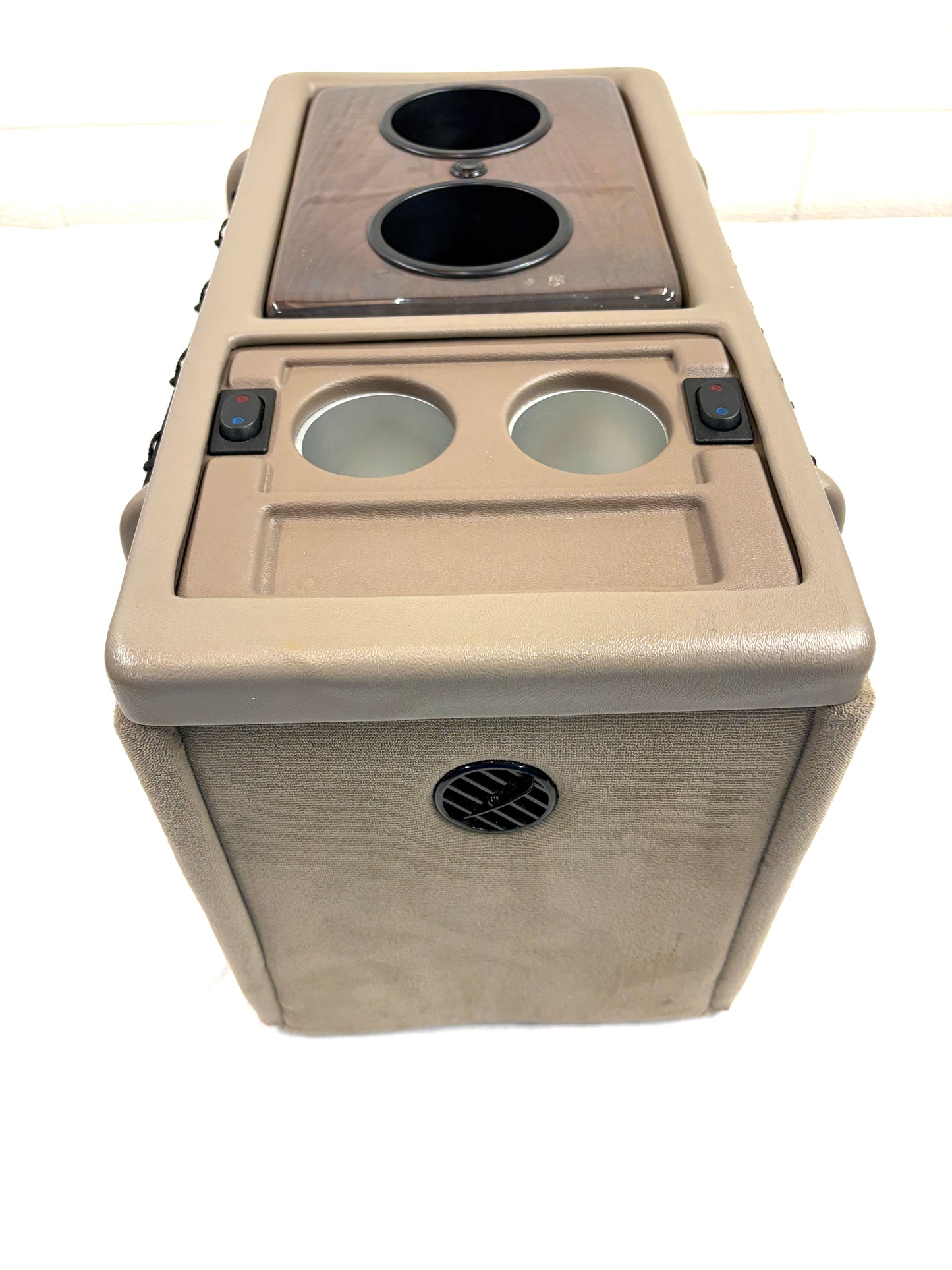 Explorer Van Company Center Console for Chevy Express - Cup Holders and Cooler - Beige Vinyl Woodgrain