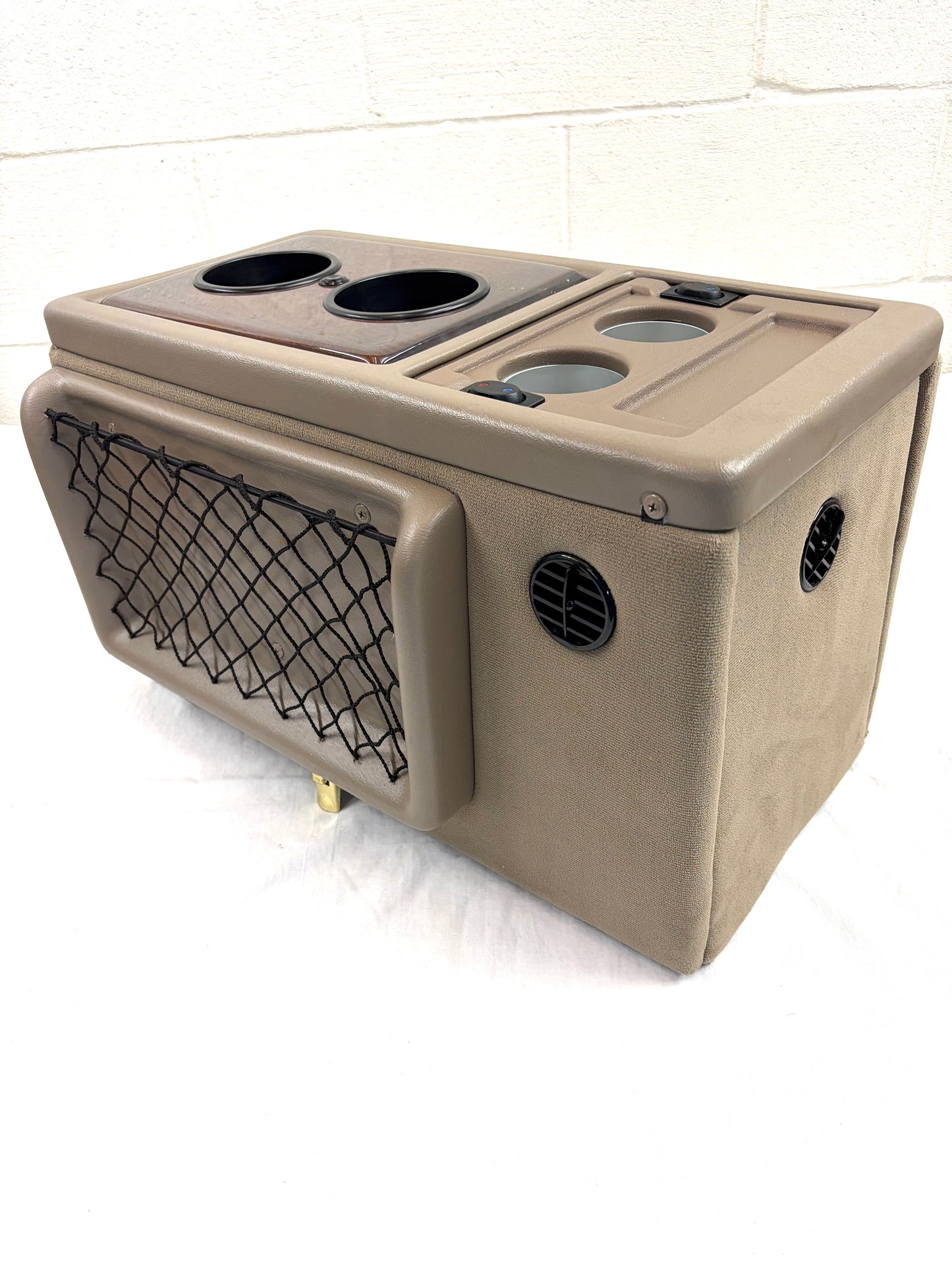 Explorer Van Company Center Console for Chevy Express - Cup Holders and Cooler - Beige Vinyl Woodgrain