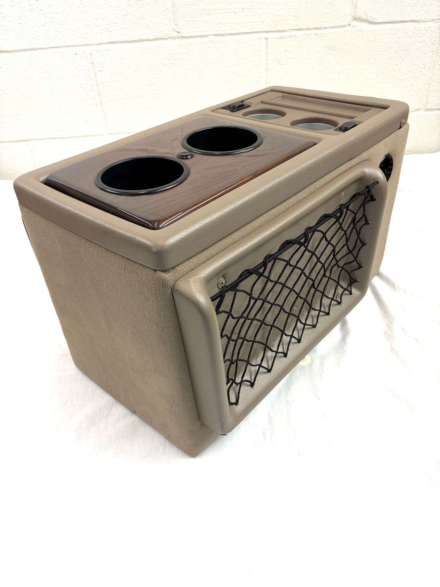 Explorer Van Company Center Console for Chevy Express - Cup Holders and Cooler - Beige Vinyl Woodgrain