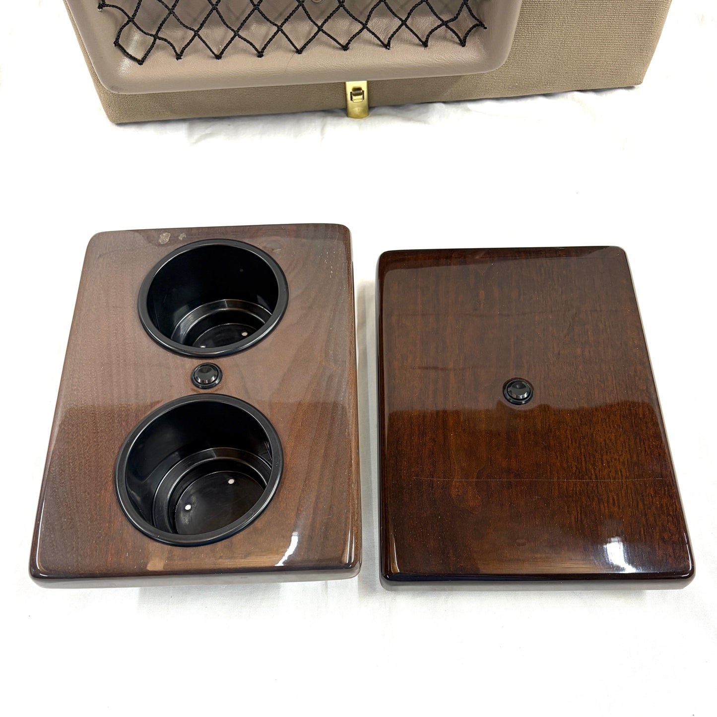 Explorer Van Company Center Console for Chevy Express - Cup Holders and Cooler - Beige Vinyl Woodgrain
