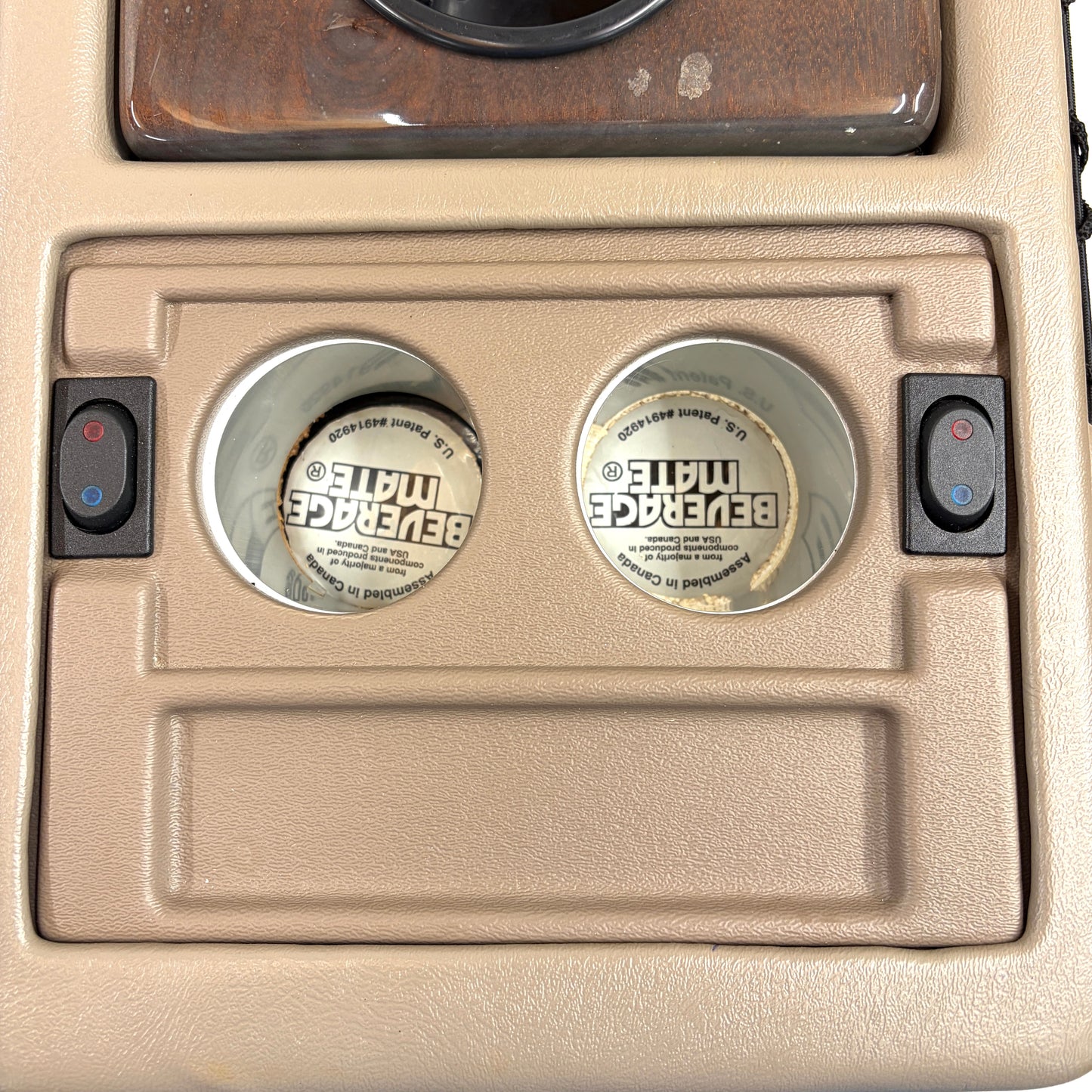 Explorer Van Company Center Console for Chevy Express - Cup Holders and Cooler - Beige Vinyl Woodgrain