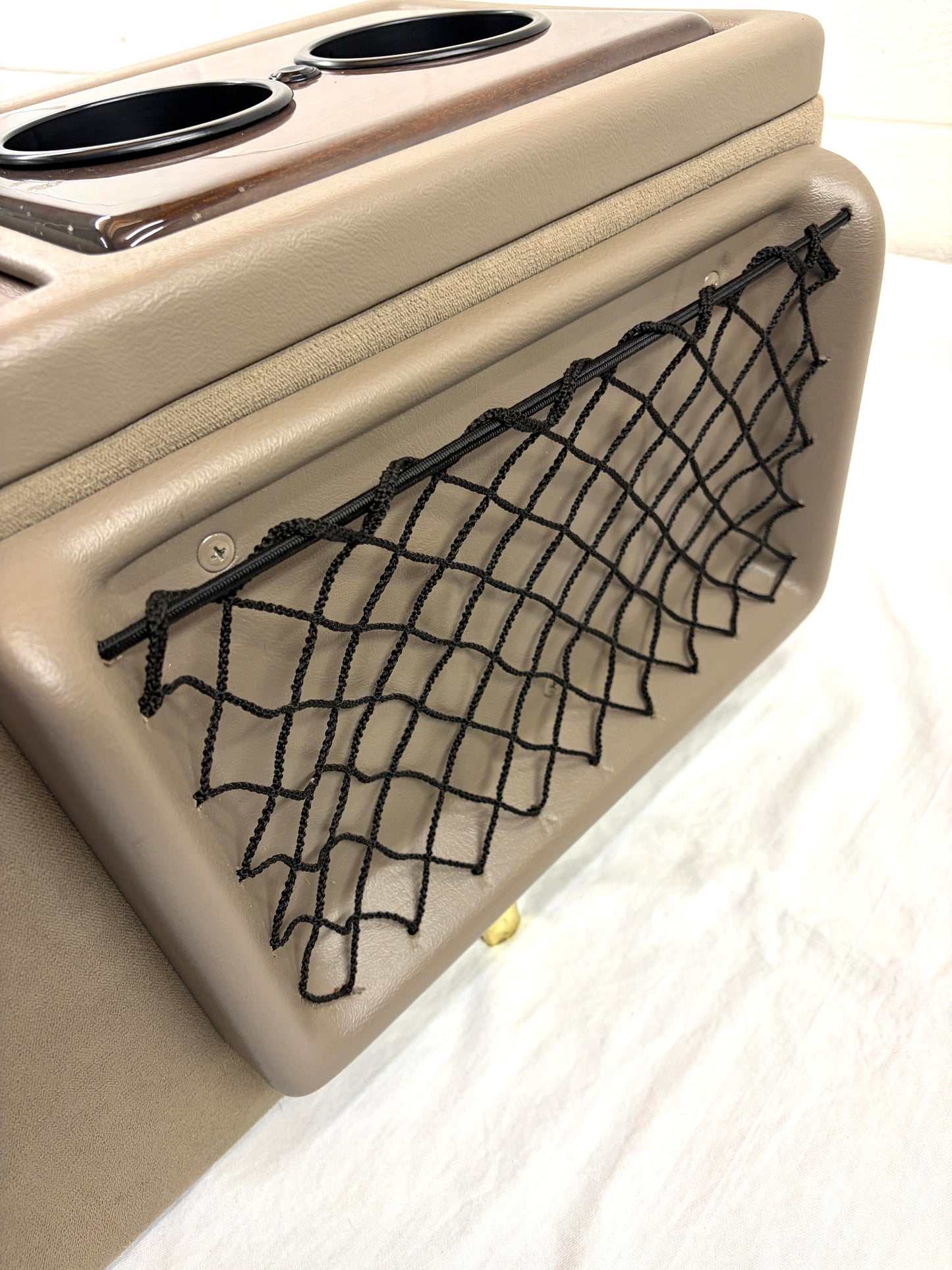 Explorer Van Company Center Console for Chevy Express - Cup Holders and Cooler - Beige Vinyl Woodgrain