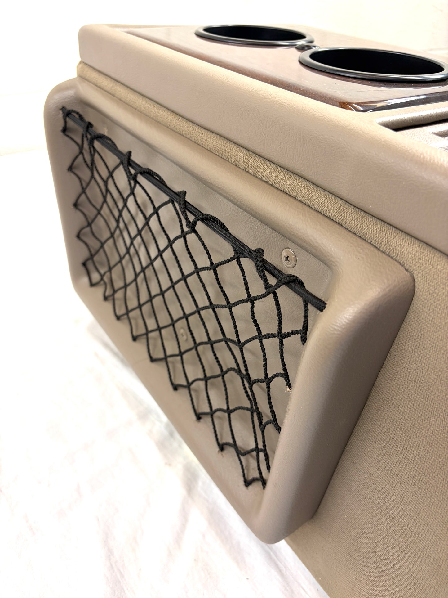 Explorer Van Company Center Console for Chevy Express - Cup Holders and Cooler - Beige Vinyl Woodgrain