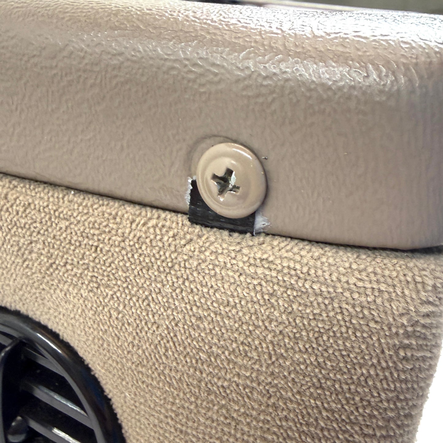 Explorer Van Company Center Console for Chevy Express - Cup Holders and Cooler - Beige Vinyl Woodgrain